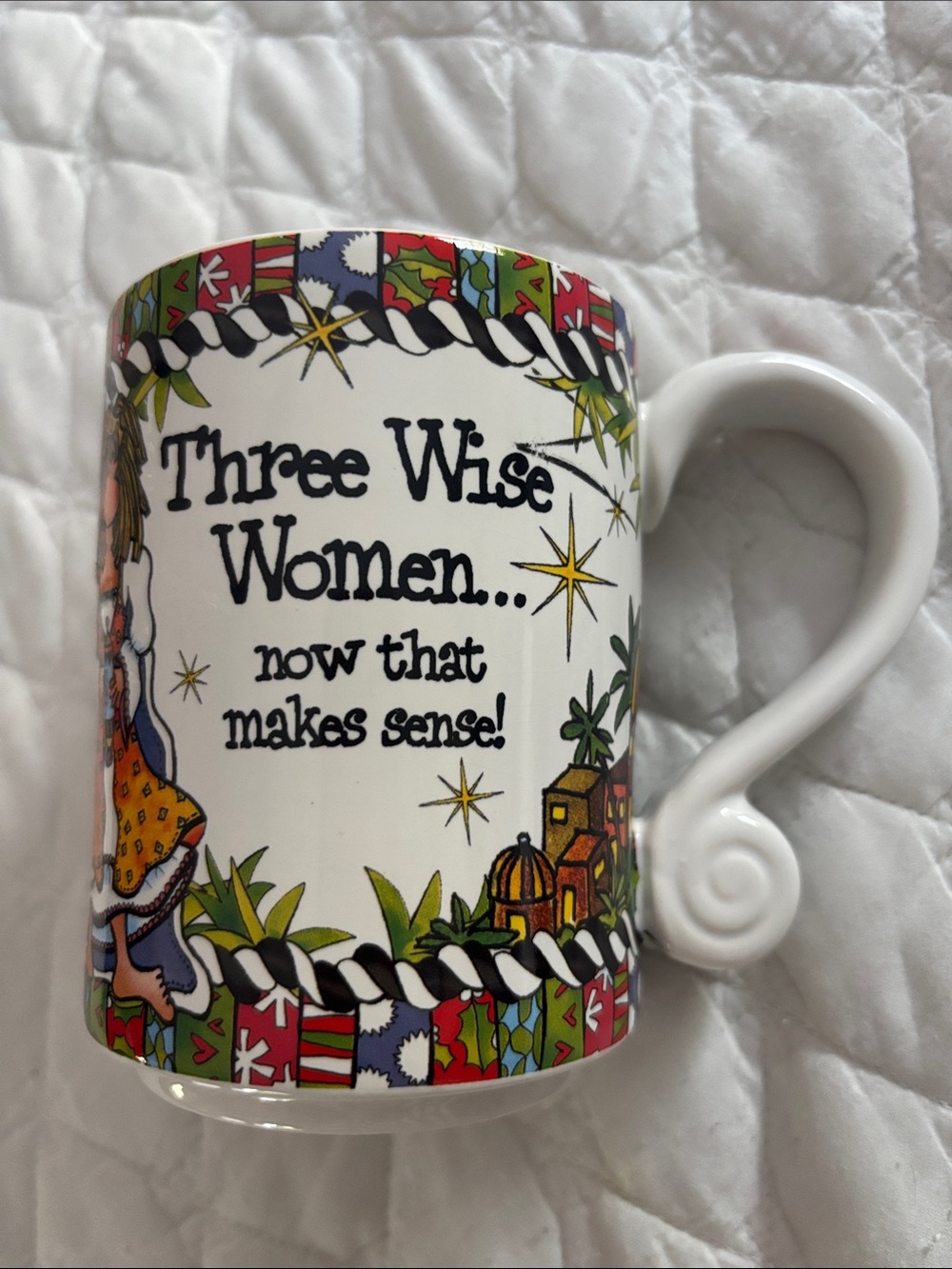 Three Wise Women Holiday Ceramic Mug - White with Multicolor Design